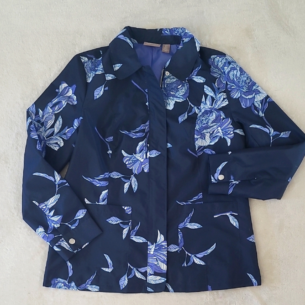 Chicos Floral Print Utility Jacket Size 0 US 4 Navy Lined Lightweight Coat